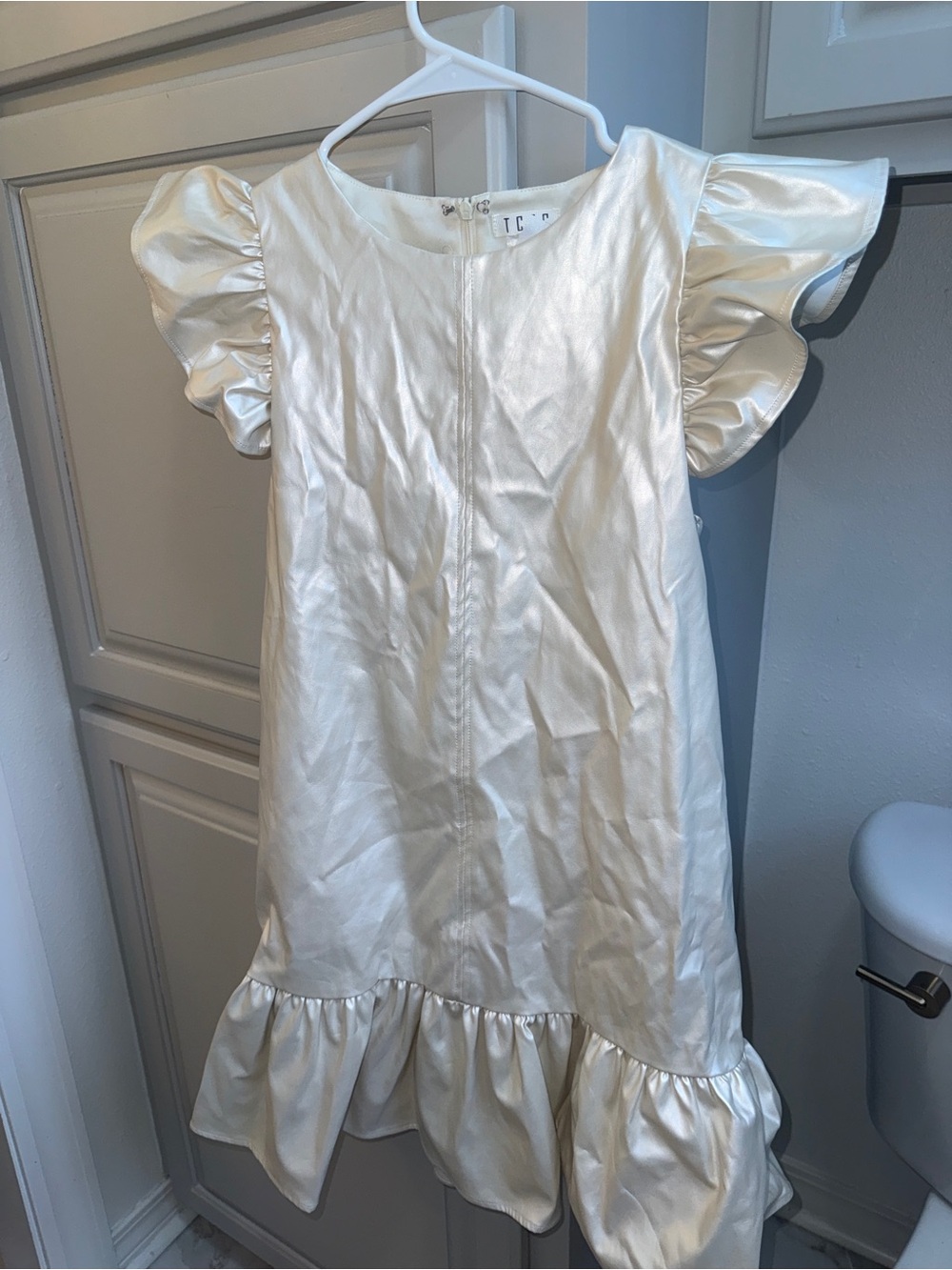 TCEC Pearl Satin Ruffle-Hem Dress with Flutter Sleeves